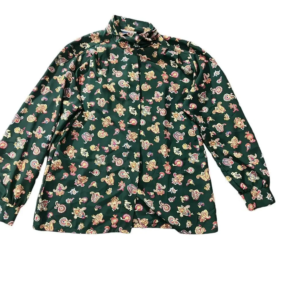 Vintage Pendleton Green Paisley‎ Mock Neck Satin Blouse Size 10